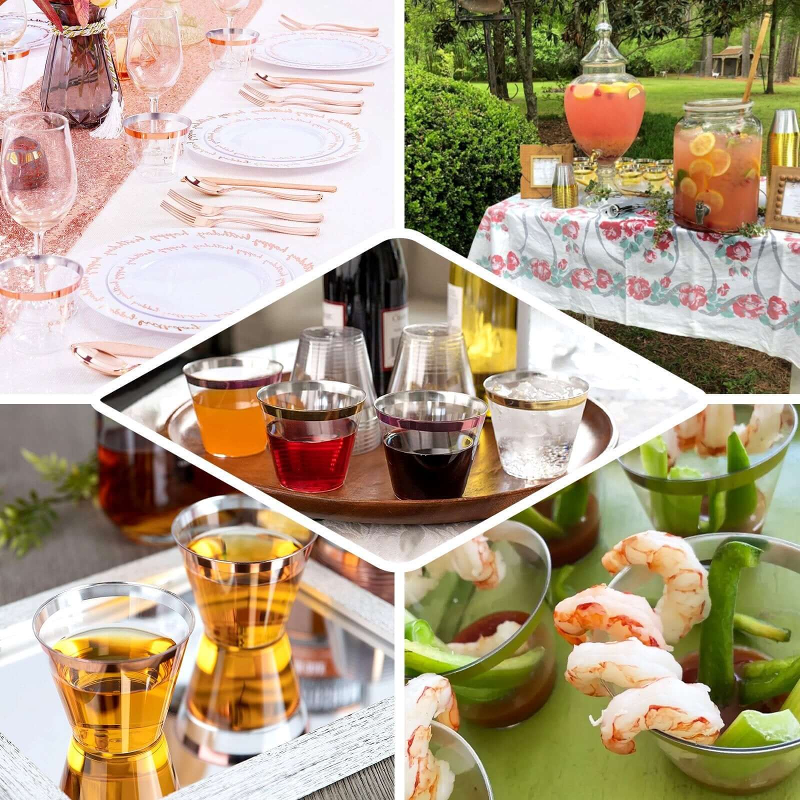 12 - Pack Plastic Party Squat Cups Clear with Rose Gold Rim - Stylish Disposable Tumblers for Banquets & Special Occasions 10oz - Linen Luxes