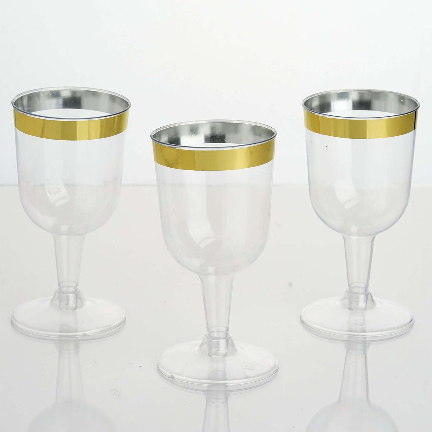 12 - Pack Plastic Short Stem Wine Glasses Clear/Gold Rim - Stylish Disposable Drinkware 6oz - Linen Luxes