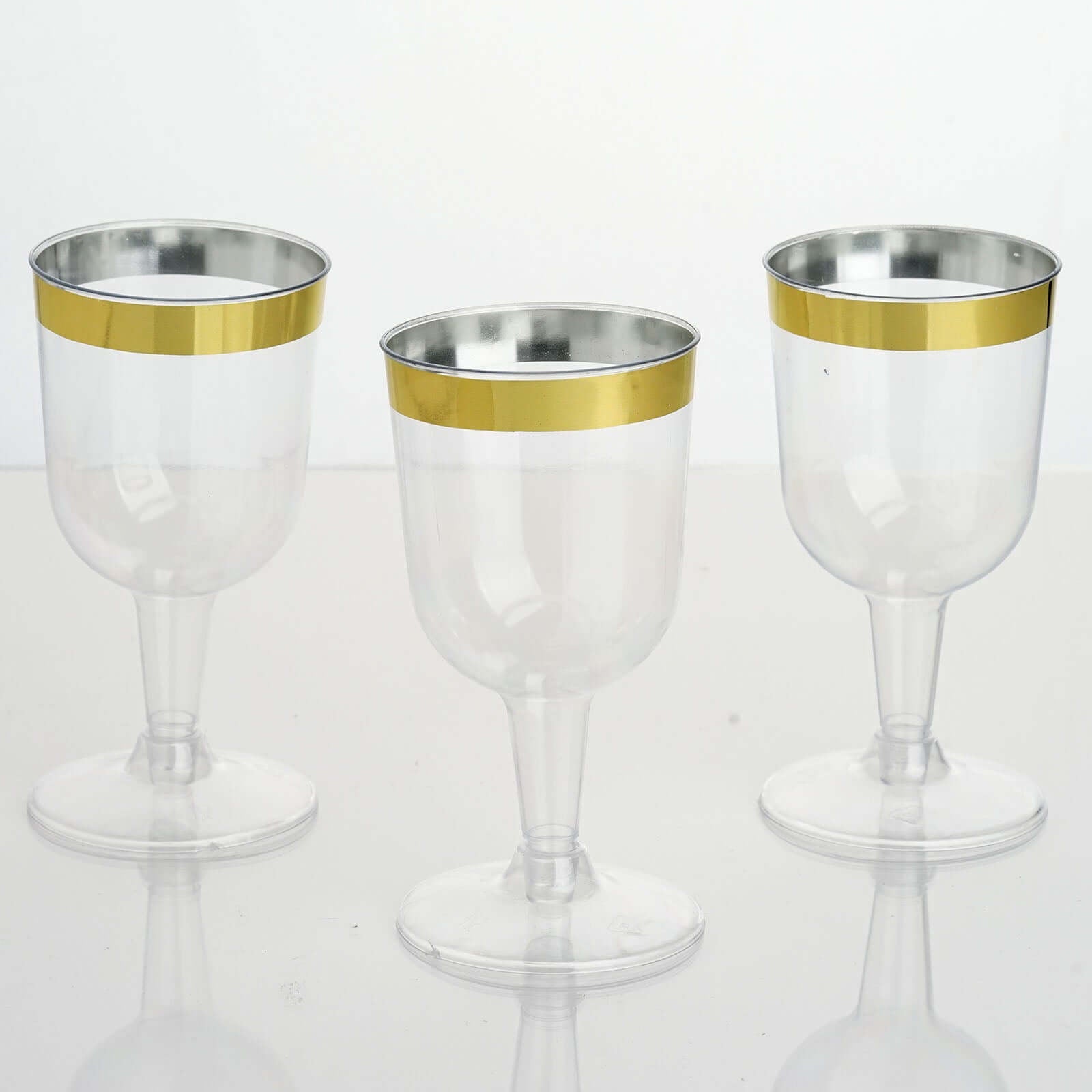 12 - Pack Plastic Short Stem Wine Glasses Clear/Gold Rim - Stylish Disposable Drinkware 6oz - Linen Luxes