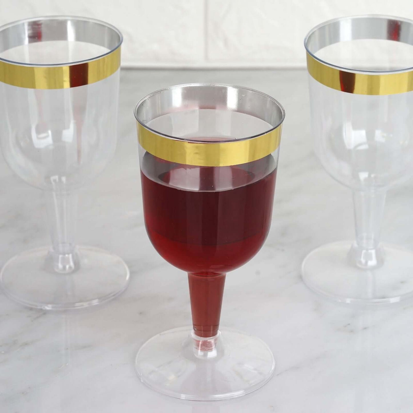 12 - Pack Plastic Short Stem Wine Glasses Clear/Gold Rim - Stylish Disposable Drinkware 6oz - Linen Luxes