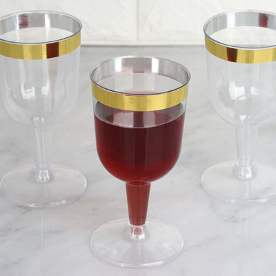 12 - Pack Plastic Short Stem Wine Glasses Clear/Gold Rim - Stylish Disposable Drinkware 6oz - Linen Luxes