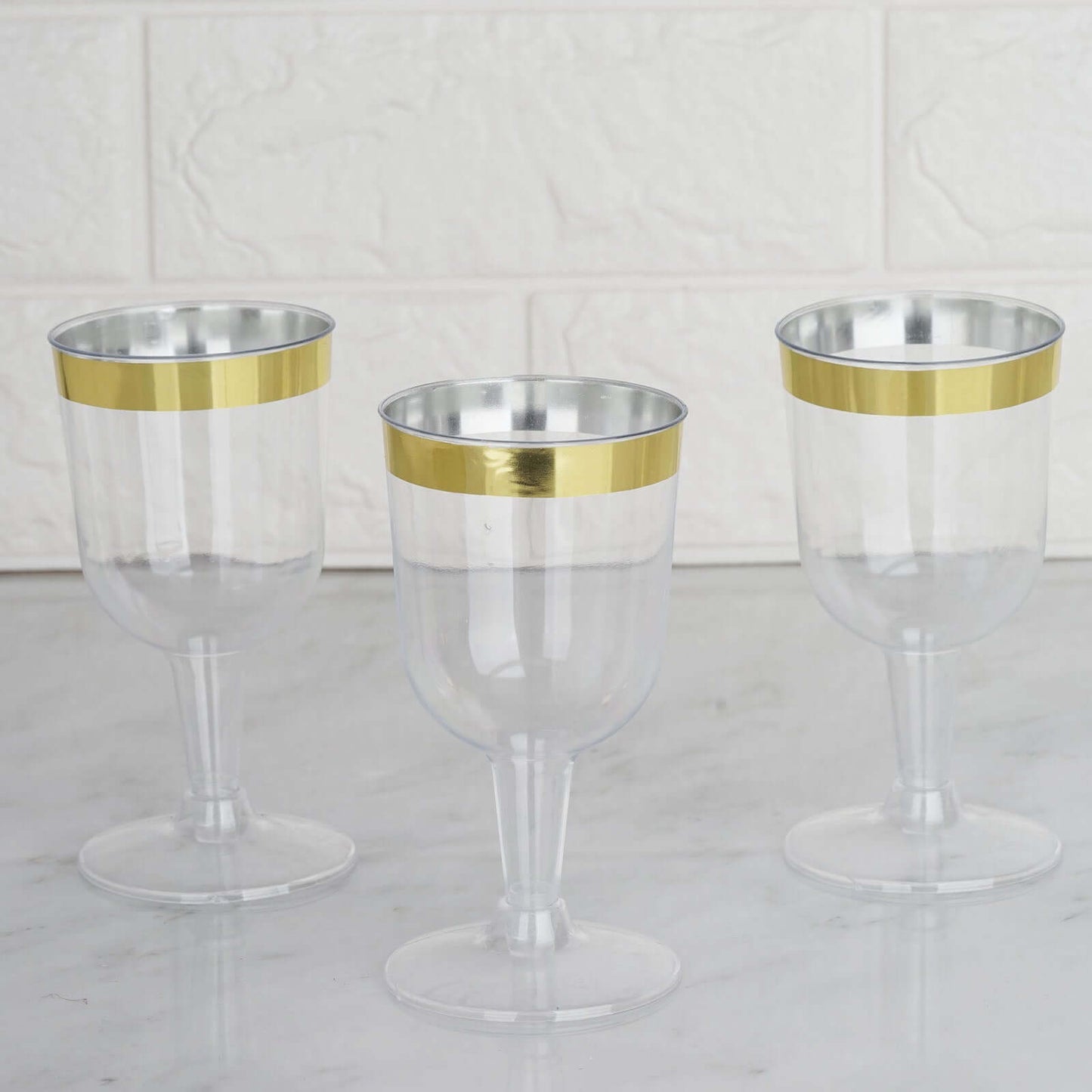 12 - Pack Plastic Short Stem Wine Glasses Clear/Gold Rim - Stylish Disposable Drinkware 6oz - Linen Luxes