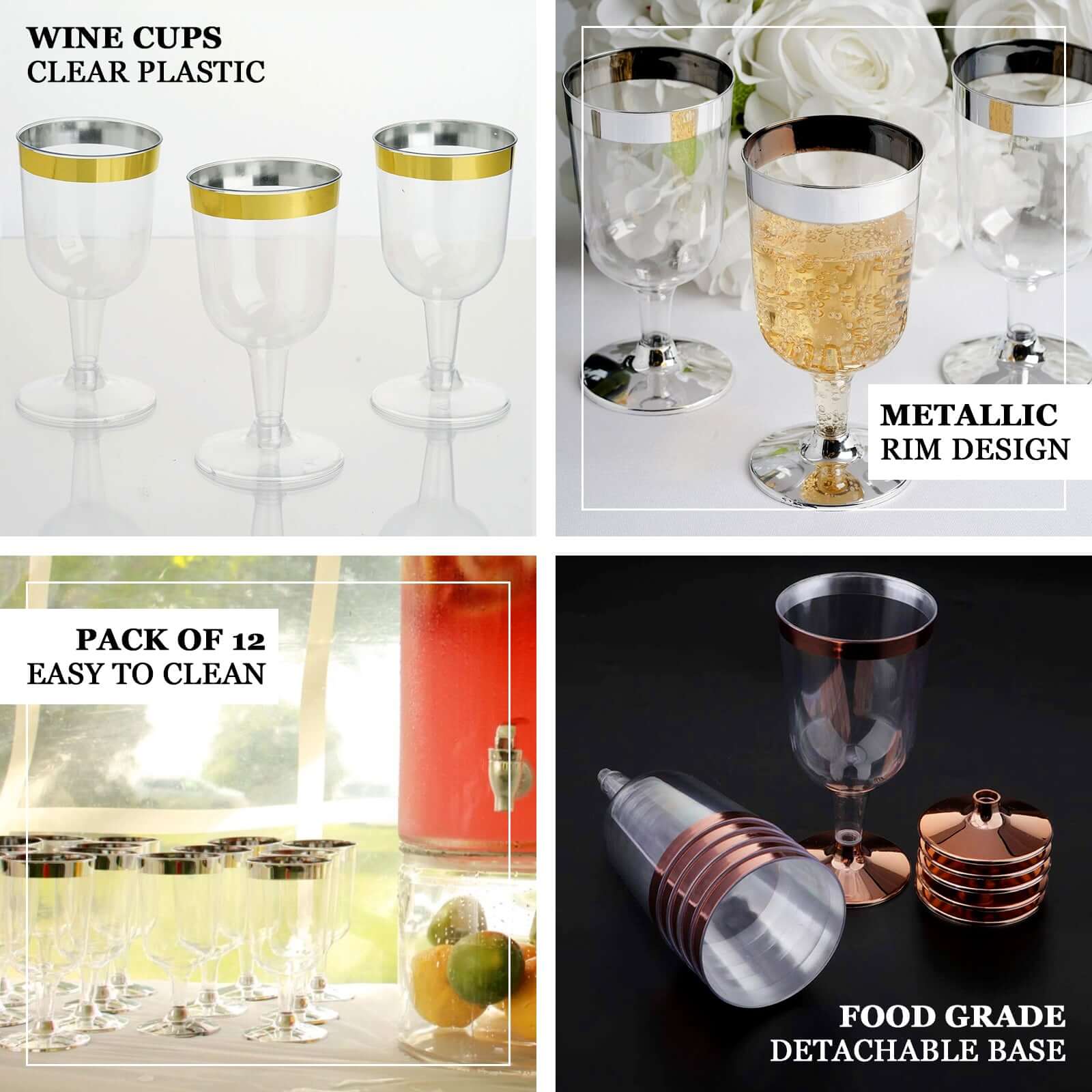 12 - Pack Plastic Short Stem Wine Glasses Clear/Gold Rim - Stylish Disposable Drinkware 6oz - Linen Luxes