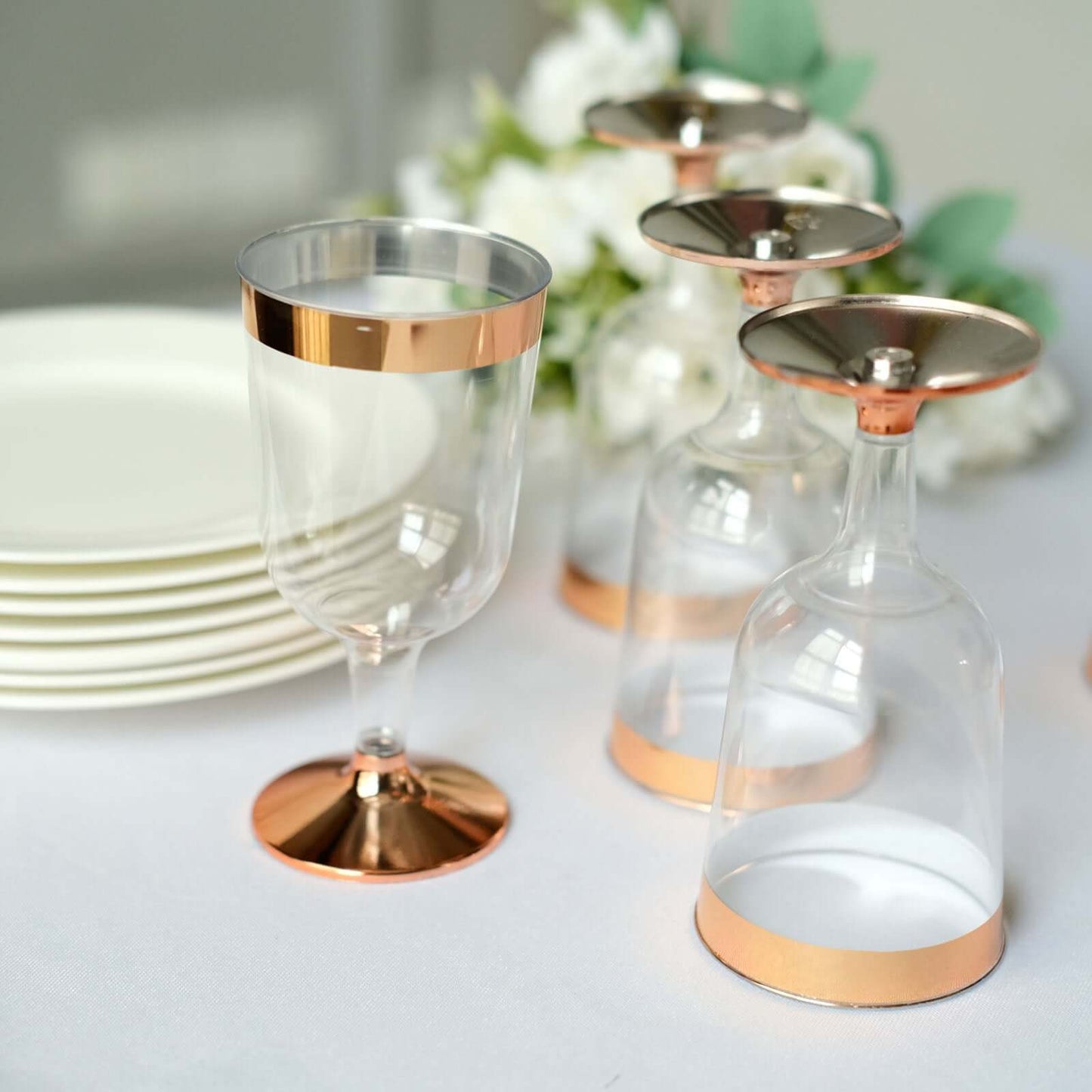 12 - Pack Plastic Wine Glasses Clear with Rose Gold Rim - Classy Disposable Cups with Detachable Base for Weddings & Special Occasions 6oz - Linen Luxes