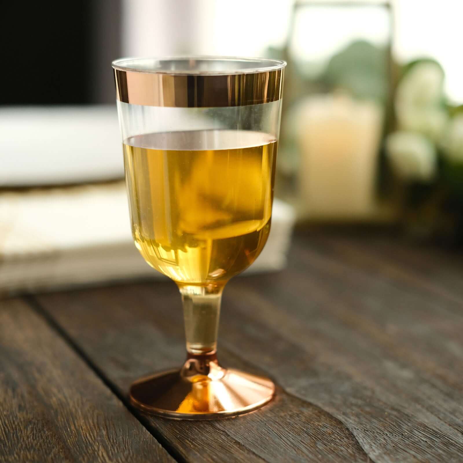 12 - Pack Plastic Wine Glasses Clear with Rose Gold Rim - Classy Disposable Cups with Detachable Base for Weddings & Special Occasions 6oz - Linen Luxes