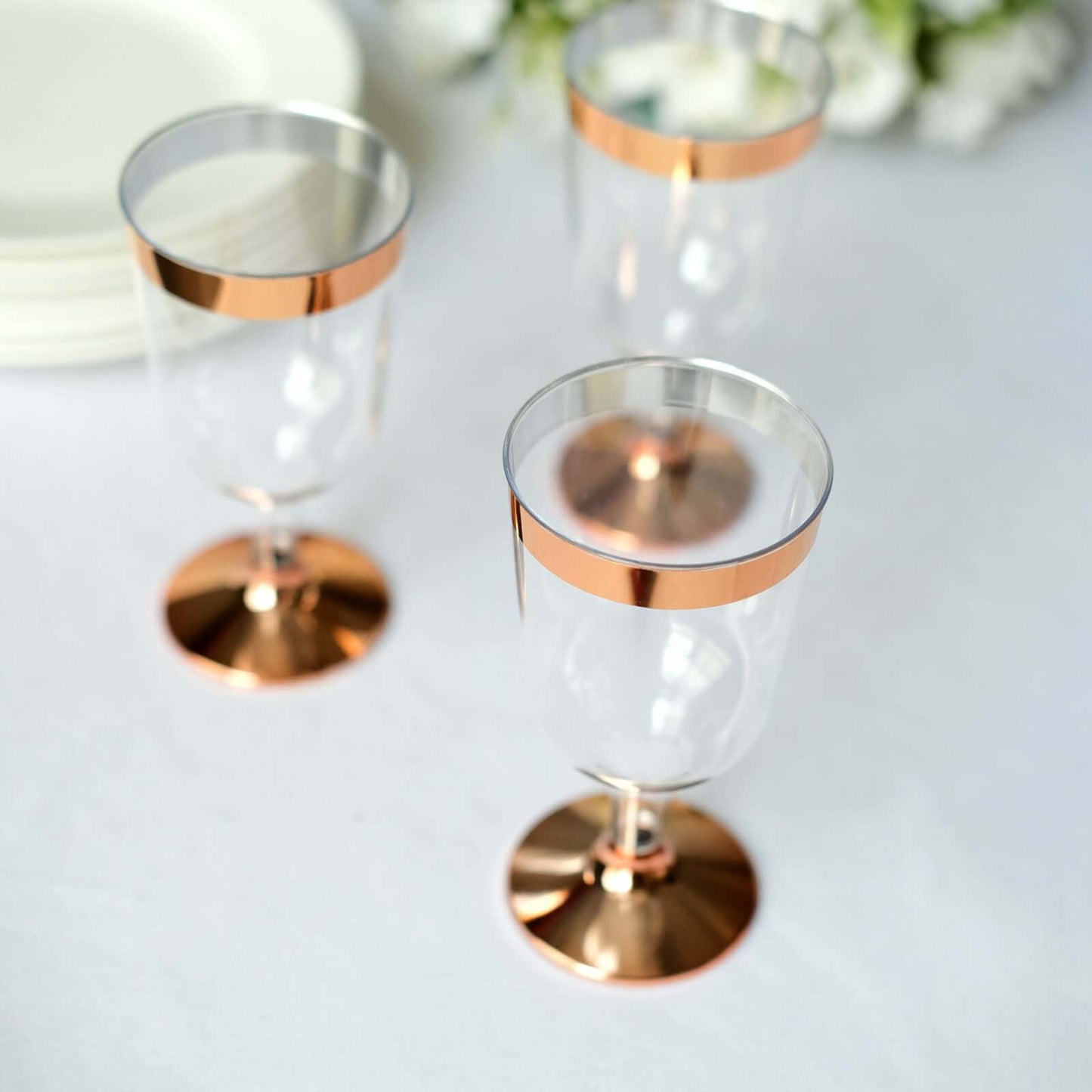 12 - Pack Plastic Wine Glasses Clear with Rose Gold Rim - Classy Disposable Cups with Detachable Base for Weddings & Special Occasions 6oz - Linen Luxes