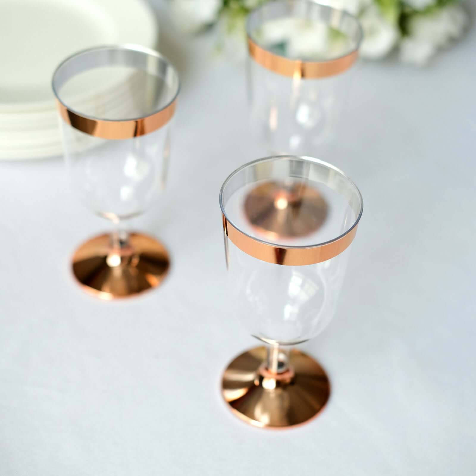 12 - Pack Plastic Wine Glasses Clear with Rose Gold Rim - Classy Disposable Cups with Detachable Base for Weddings & Special Occasions 6oz - Linen Luxes
