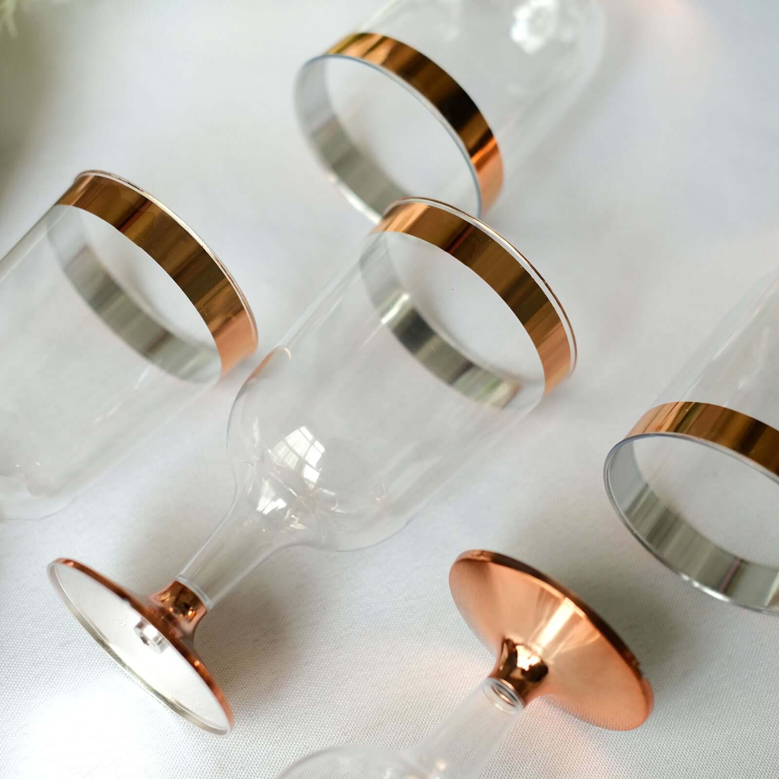12 - Pack Plastic Wine Glasses Clear with Rose Gold Rim - Classy Disposable Cups with Detachable Base for Weddings & Special Occasions 6oz - Linen Luxes