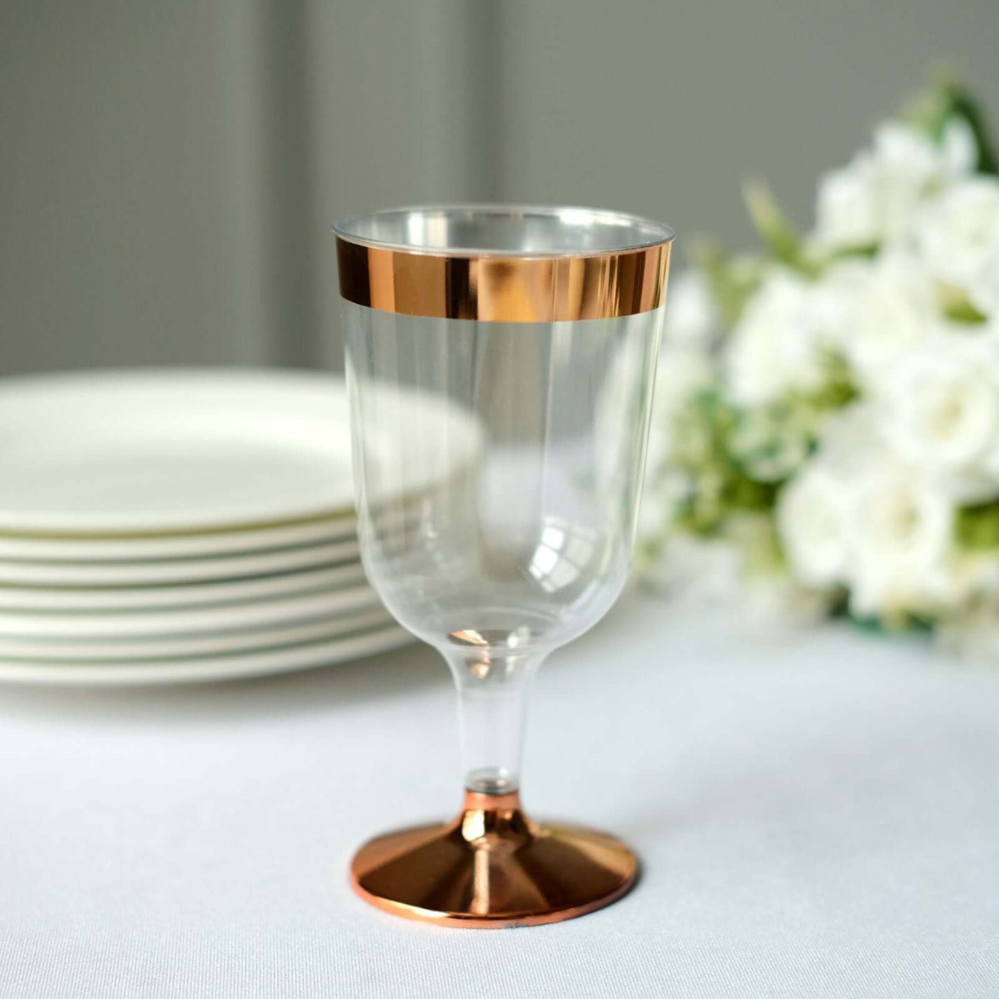 12 - Pack Plastic Wine Glasses Clear with Rose Gold Rim - Classy Disposable Cups with Detachable Base for Weddings & Special Occasions 6oz - Linen Luxes