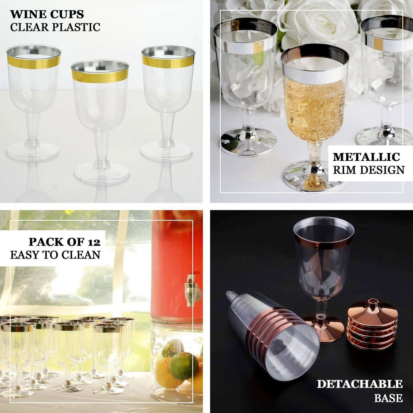 12 - Pack Plastic Wine Glasses Clear with Rose Gold Rim - Classy Disposable Cups with Detachable Base for Weddings & Special Occasions 6oz - Linen Luxes