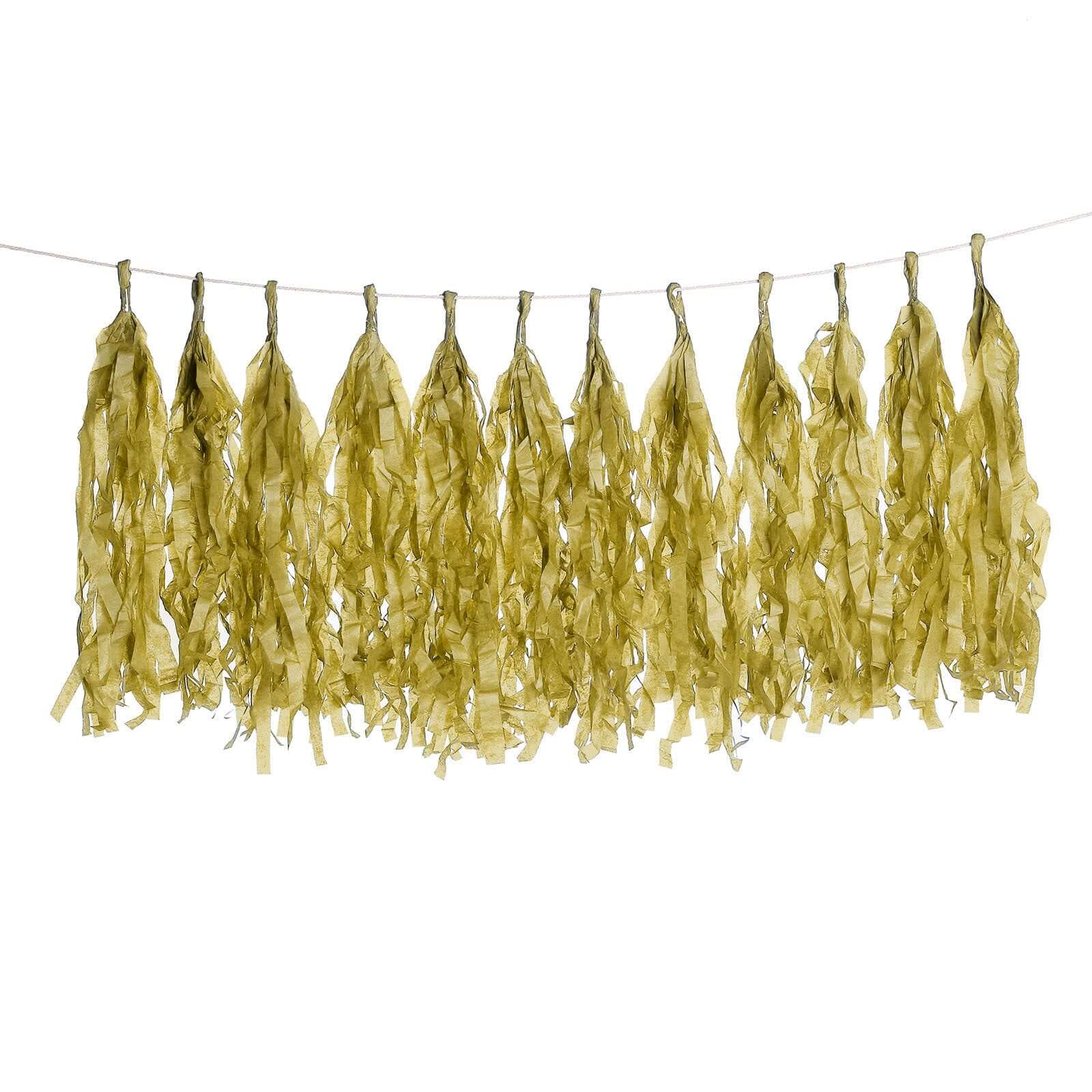 12 Pack Pre - Tied Gold Paper Fringe Tassels With Garland String, Hanging Streamer Banner - Linen Luxes