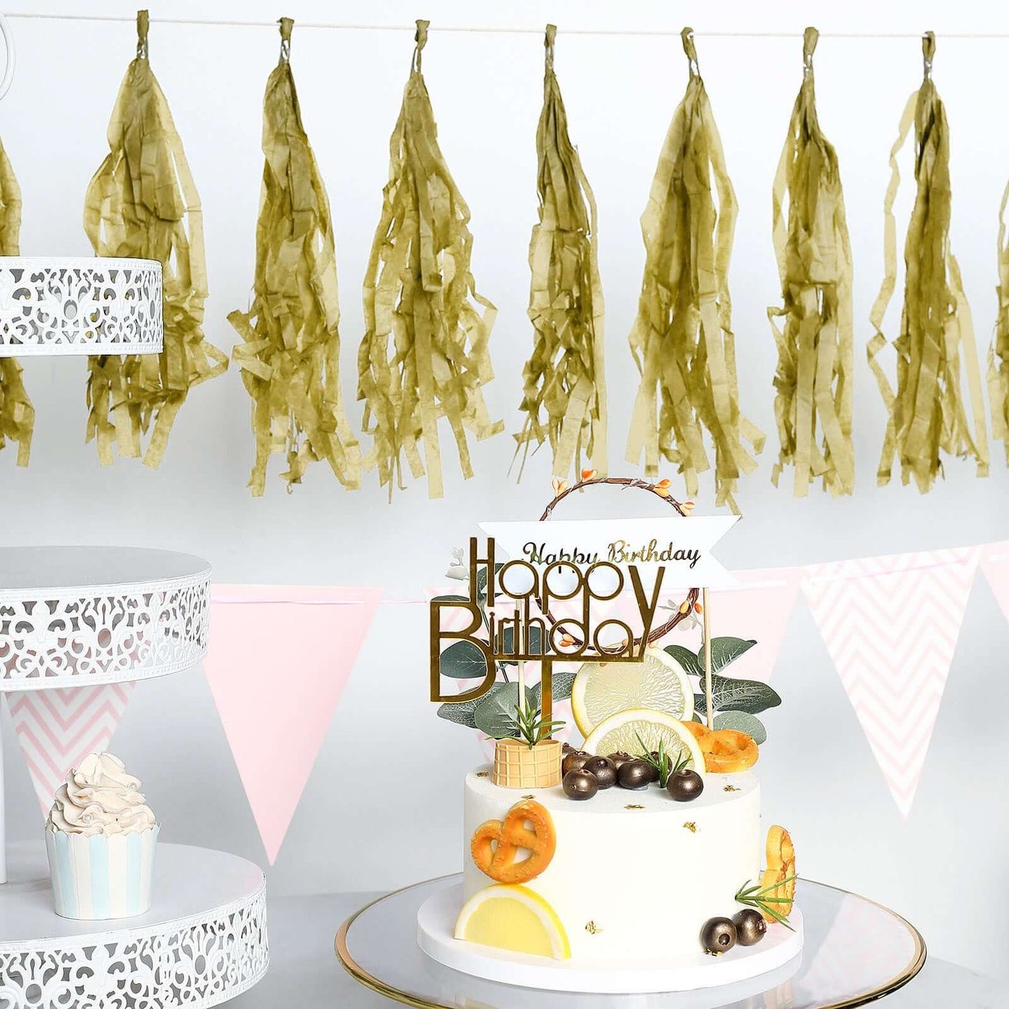 12 Pack Pre - Tied Gold Paper Fringe Tassels With Garland String, Hanging Streamer Banner - Linen Luxes