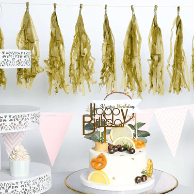 12 Pack Pre - Tied Gold Paper Fringe Tassels With Garland String, Hanging Streamer Banner - Linen Luxes