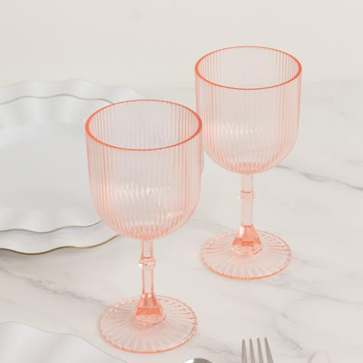12-Pack Plastic Goblets Transparent Blush Vintage Ribbed Pattern - Reusable Shatterproof Glassware 9oz