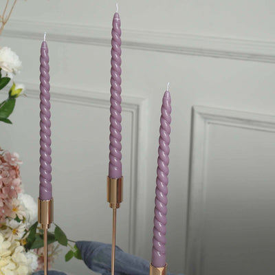 12-Pack Taper Candles Spiral Long Burn Wick Design Violet Amethyst - Premium Unscented Wax Dinner Candle Sticks 11"