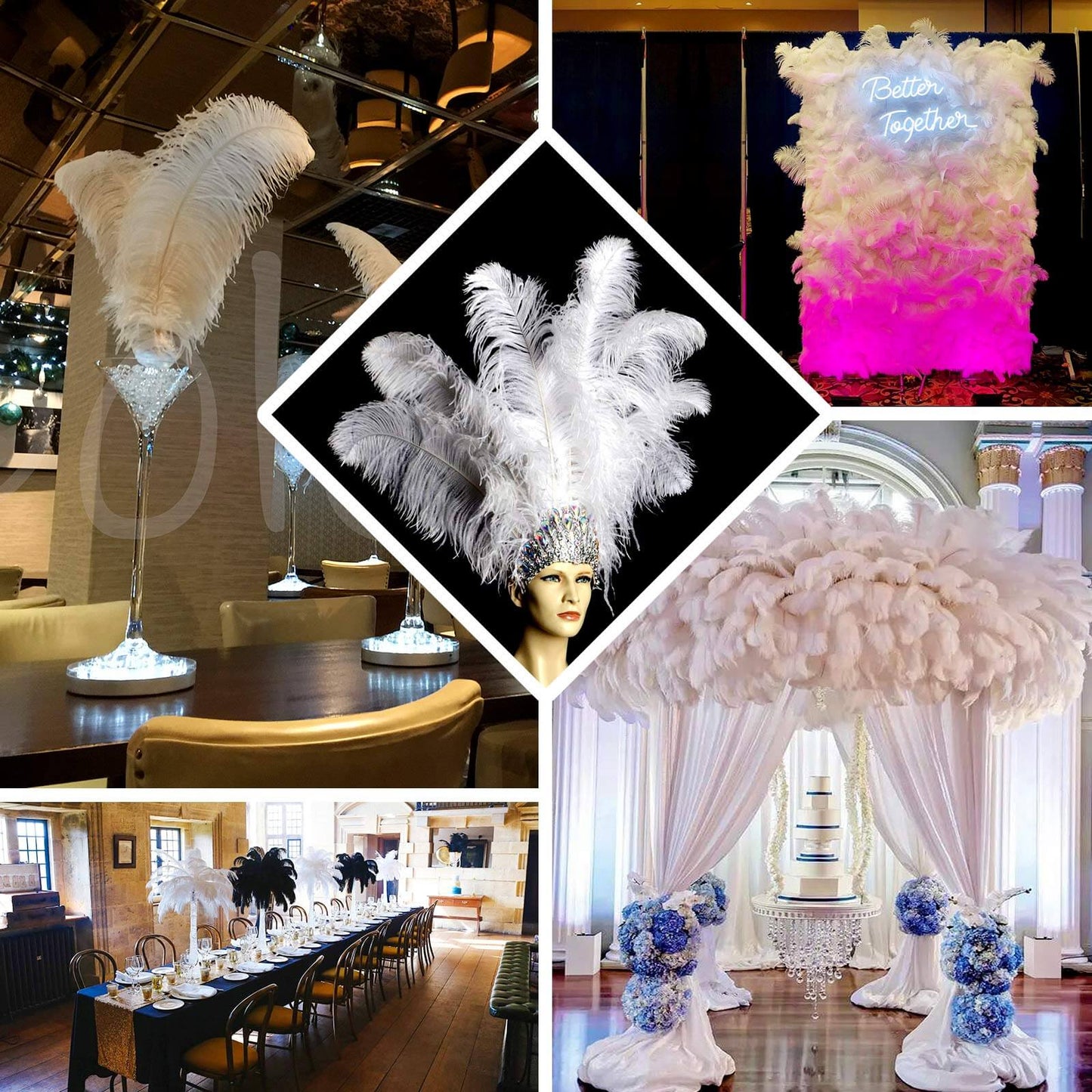 12 Pack White Natural Plume Ostrich Feathers Centerpiece Filler - 24" - 26" - Linen Luxes