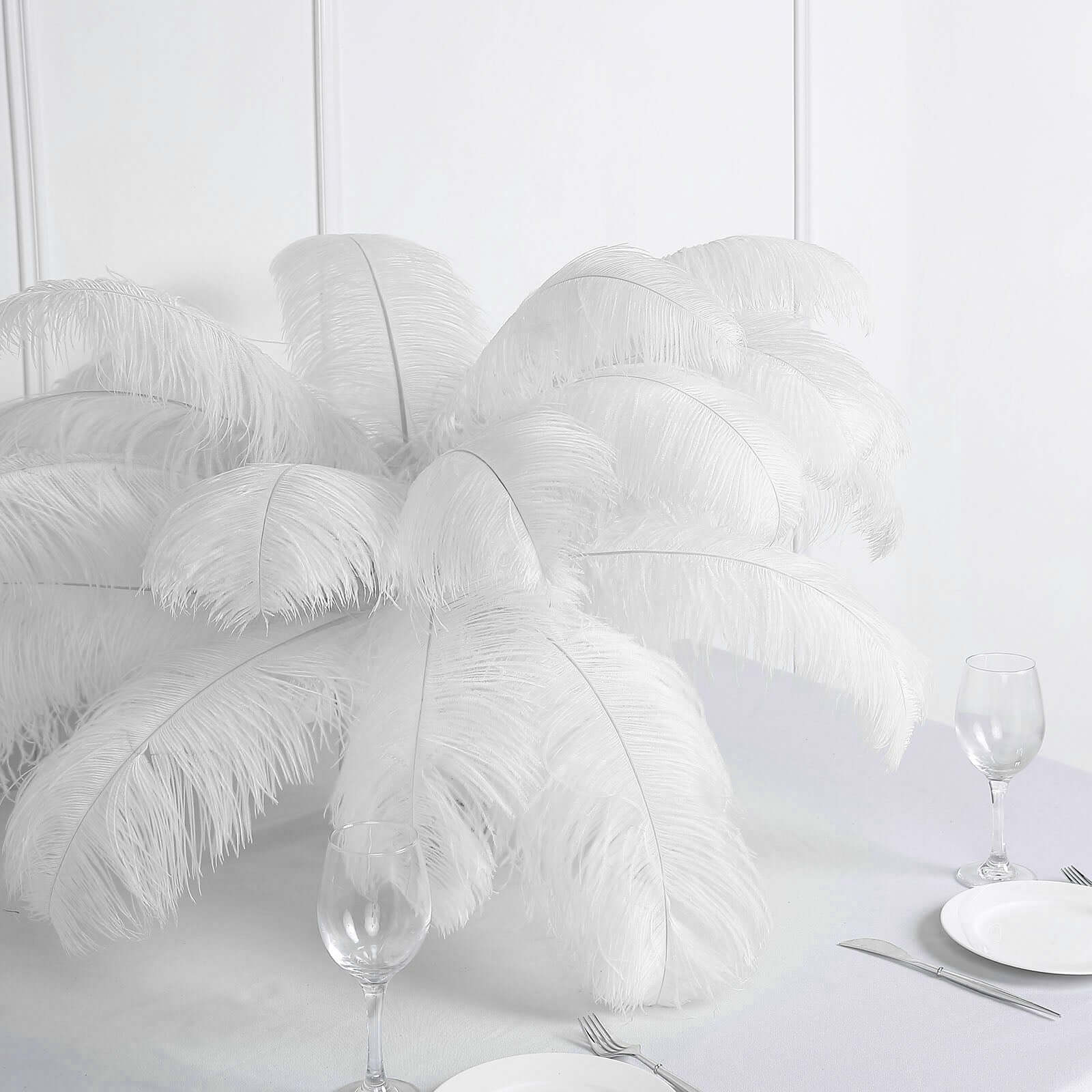 12 Pack White Natural Plume Ostrich Feathers Centerpiece Filler - 24" - 26" - Linen Luxes