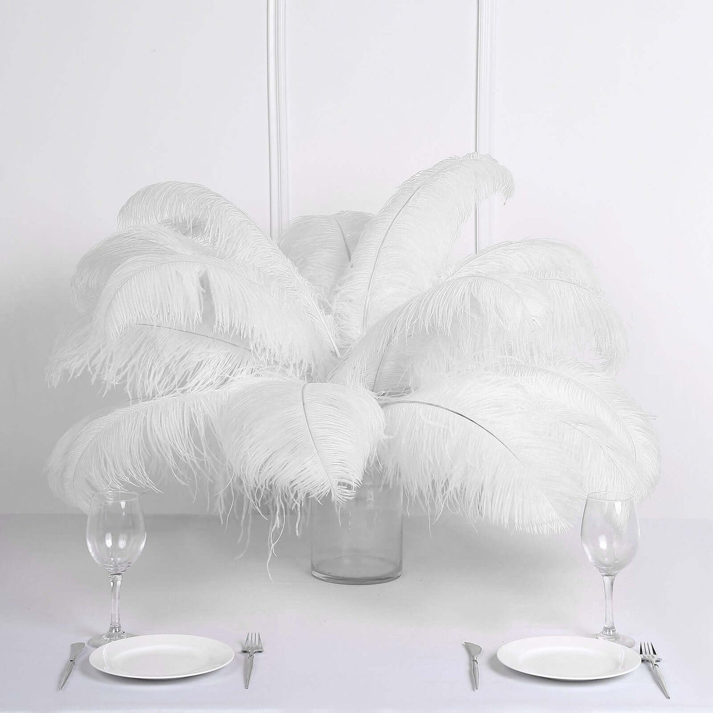 12 Pack White Natural Plume Ostrich Feathers Centerpiece Filler - 24" - 26" - Linen Luxes