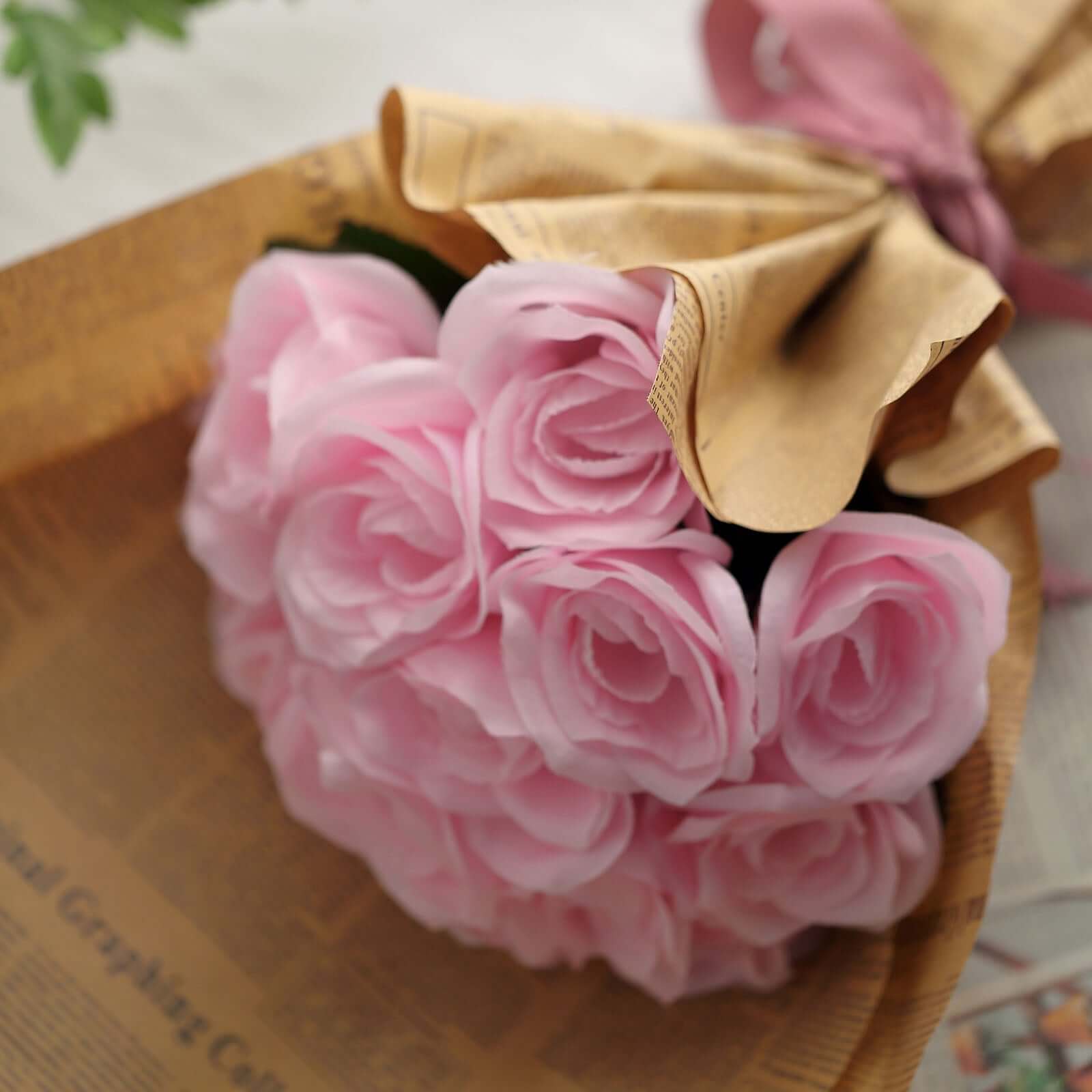 12" Pink Artificial Velvet - Like Rose Flower Bouquet - Linen Luxes