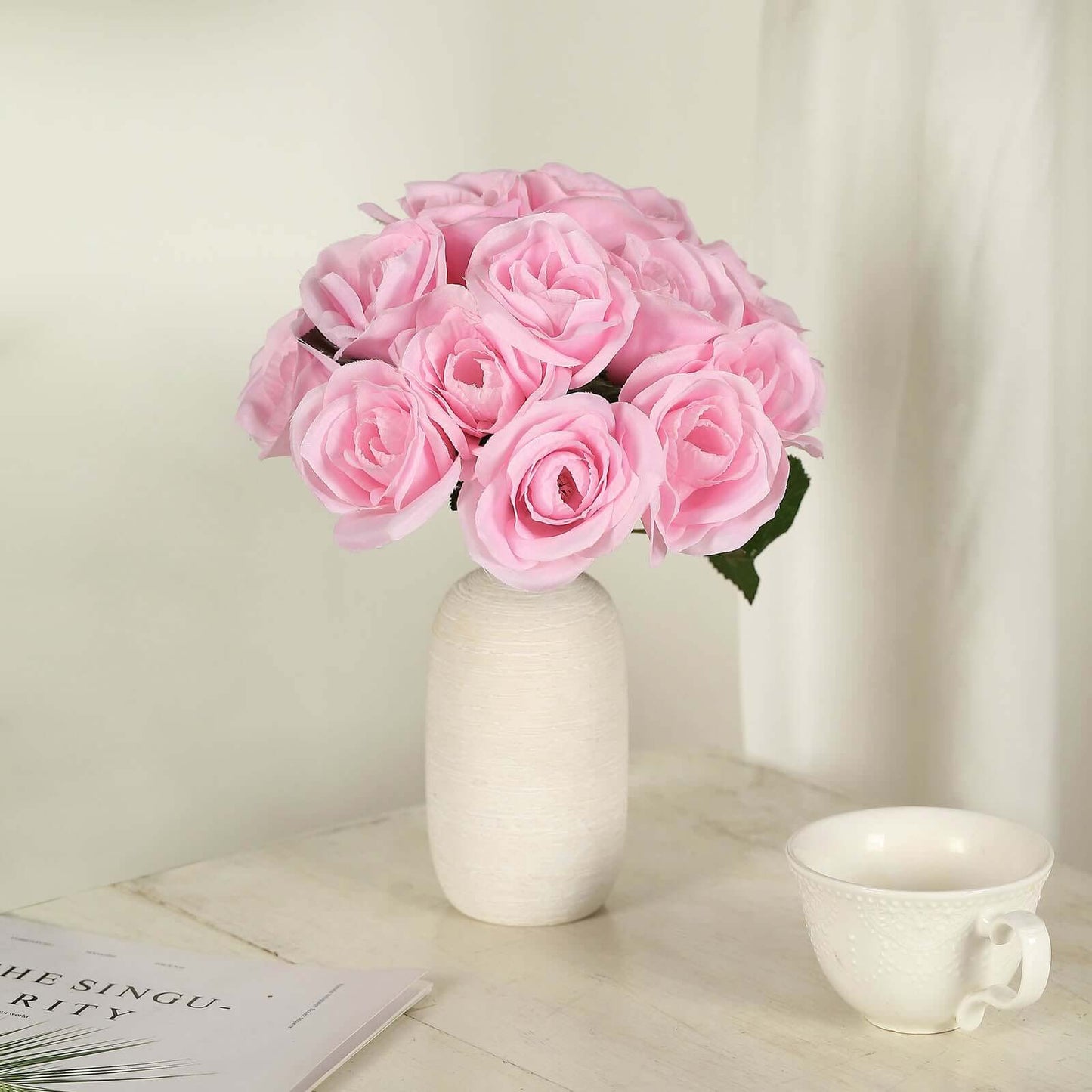 12" Pink Artificial Velvet - Like Rose Flower Bouquet - Linen Luxes