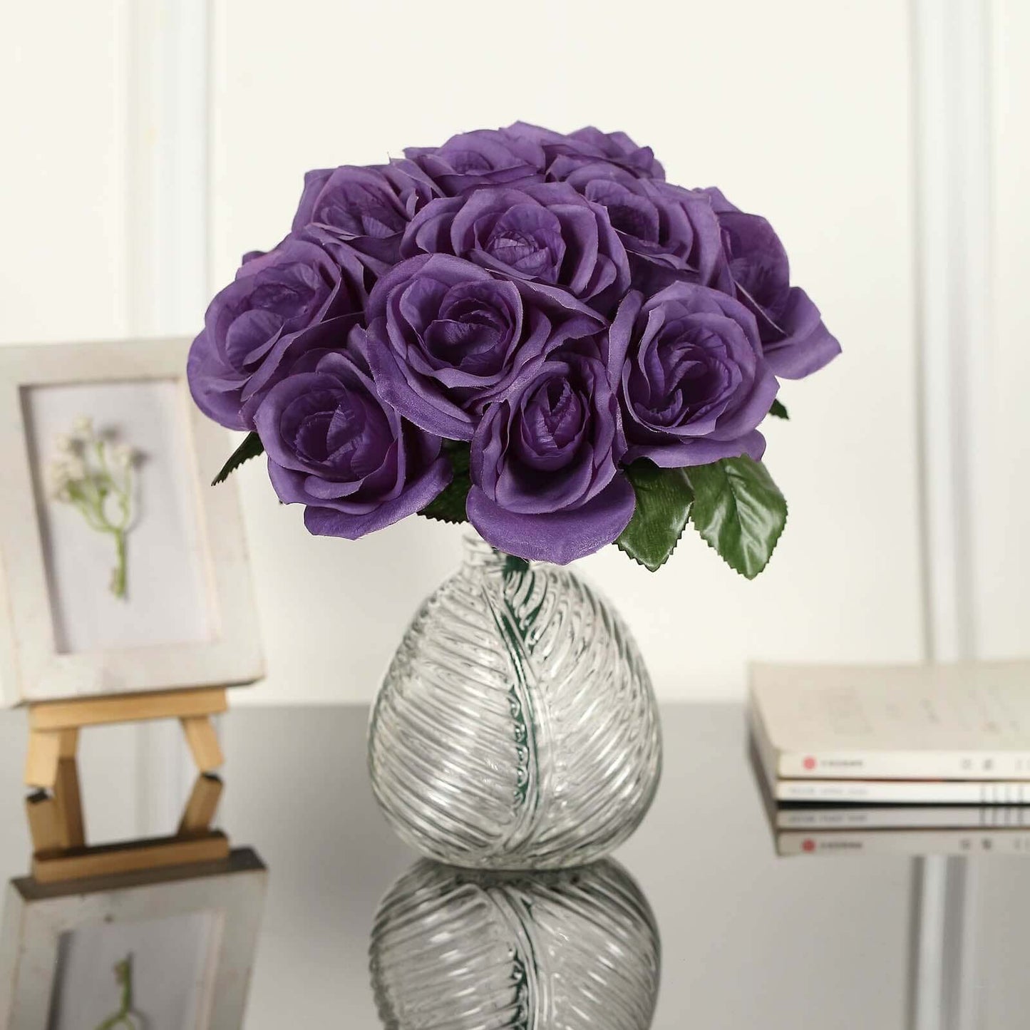 12" Purple Artificial Velvet - Like Fabric Rose Flower Bouquet Bush - Linen Luxes