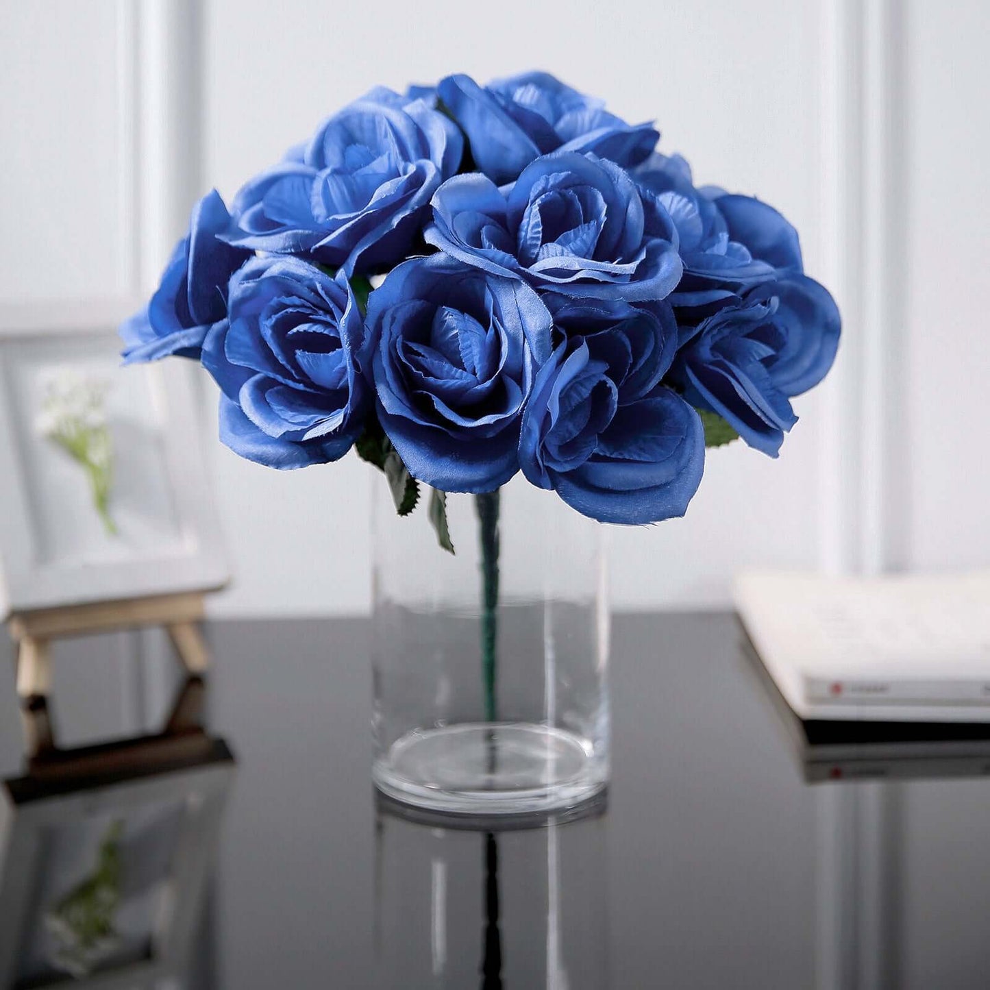 12" Royal Blue Artificial Velvet - Like Fabric Rose Flower Bouquet Bush - Linen Luxes