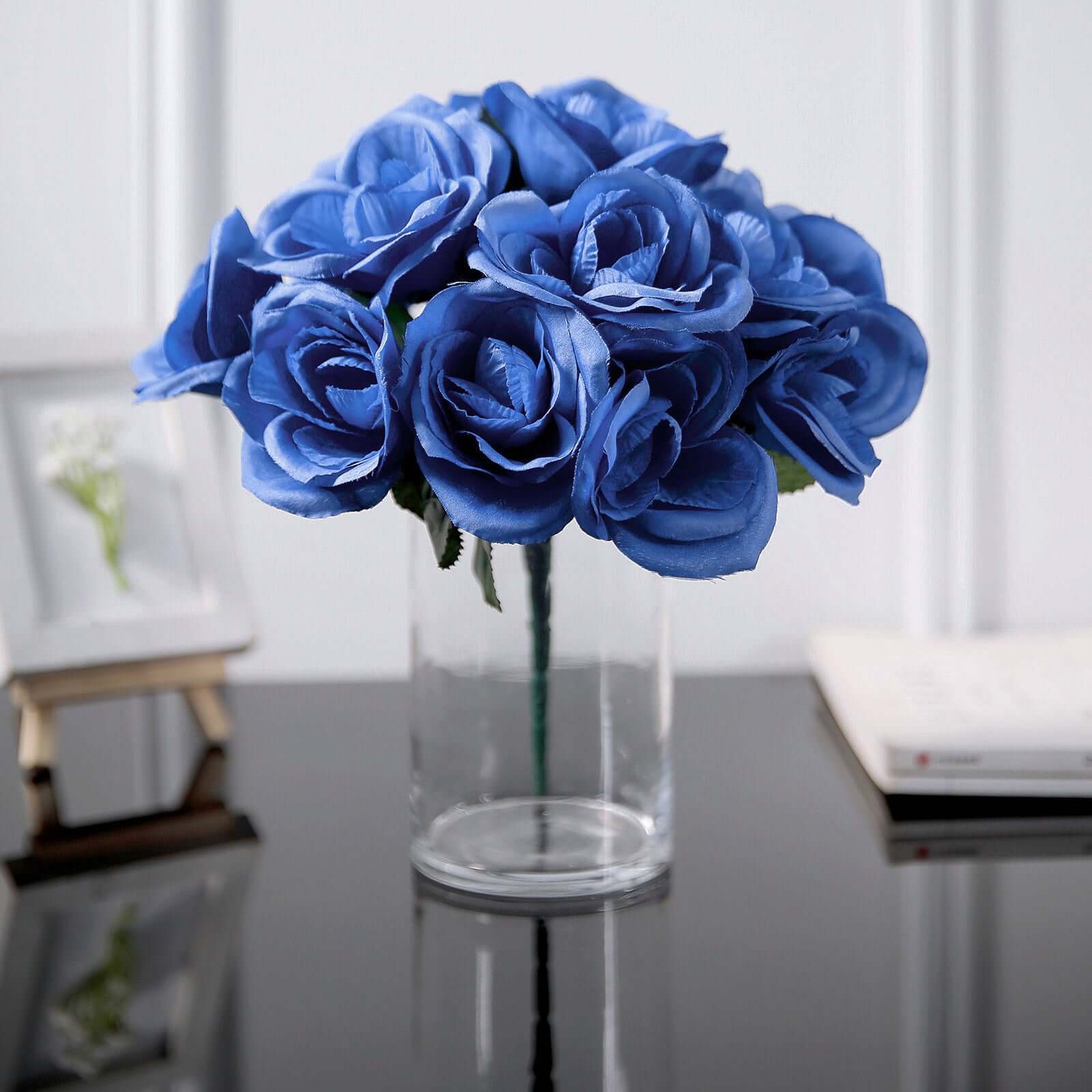 12" Royal Blue Artificial Velvet - Like Fabric Rose Flower Bouquet Bush - Linen Luxes