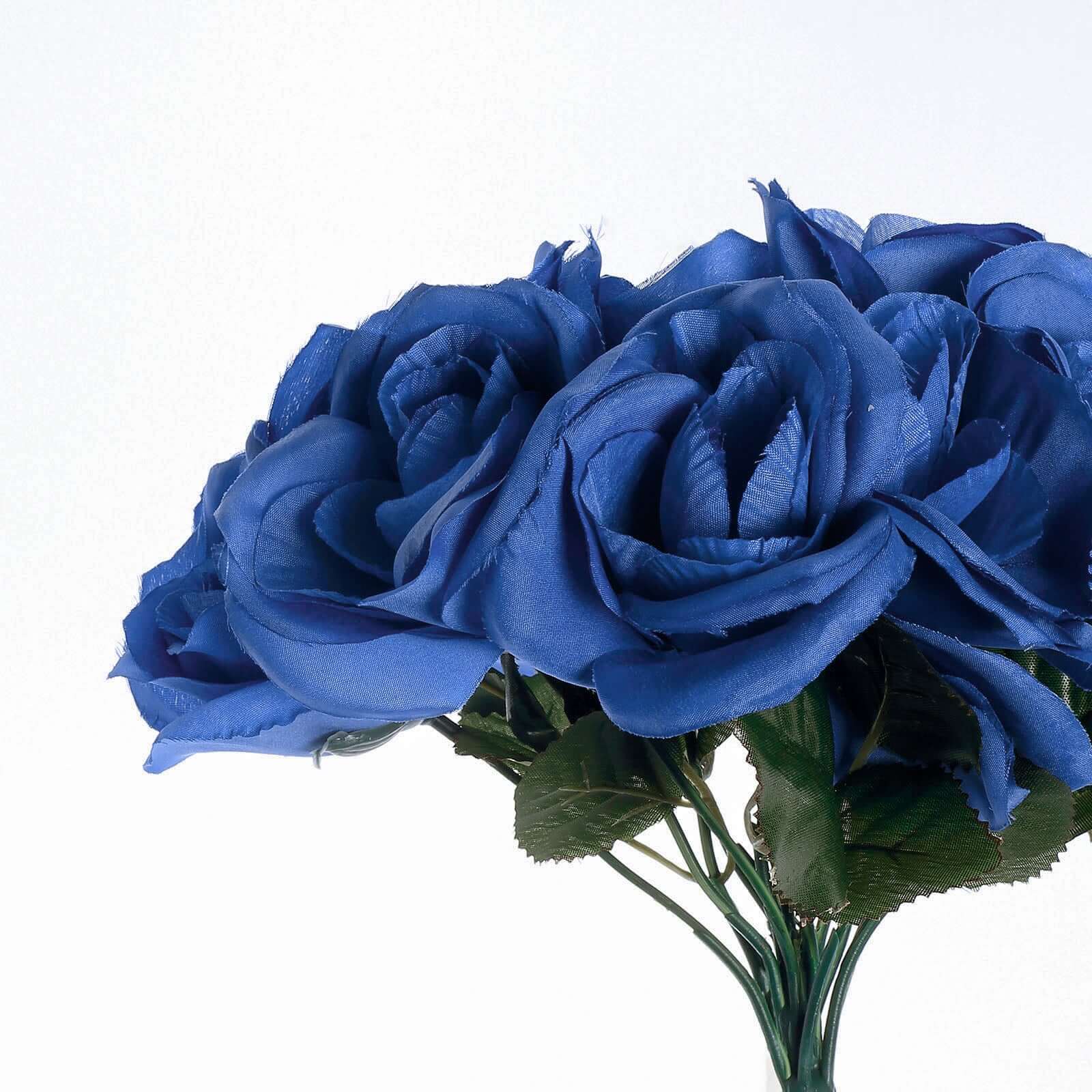 12" Royal Blue Artificial Velvet - Like Fabric Rose Flower Bouquet Bush - Linen Luxes