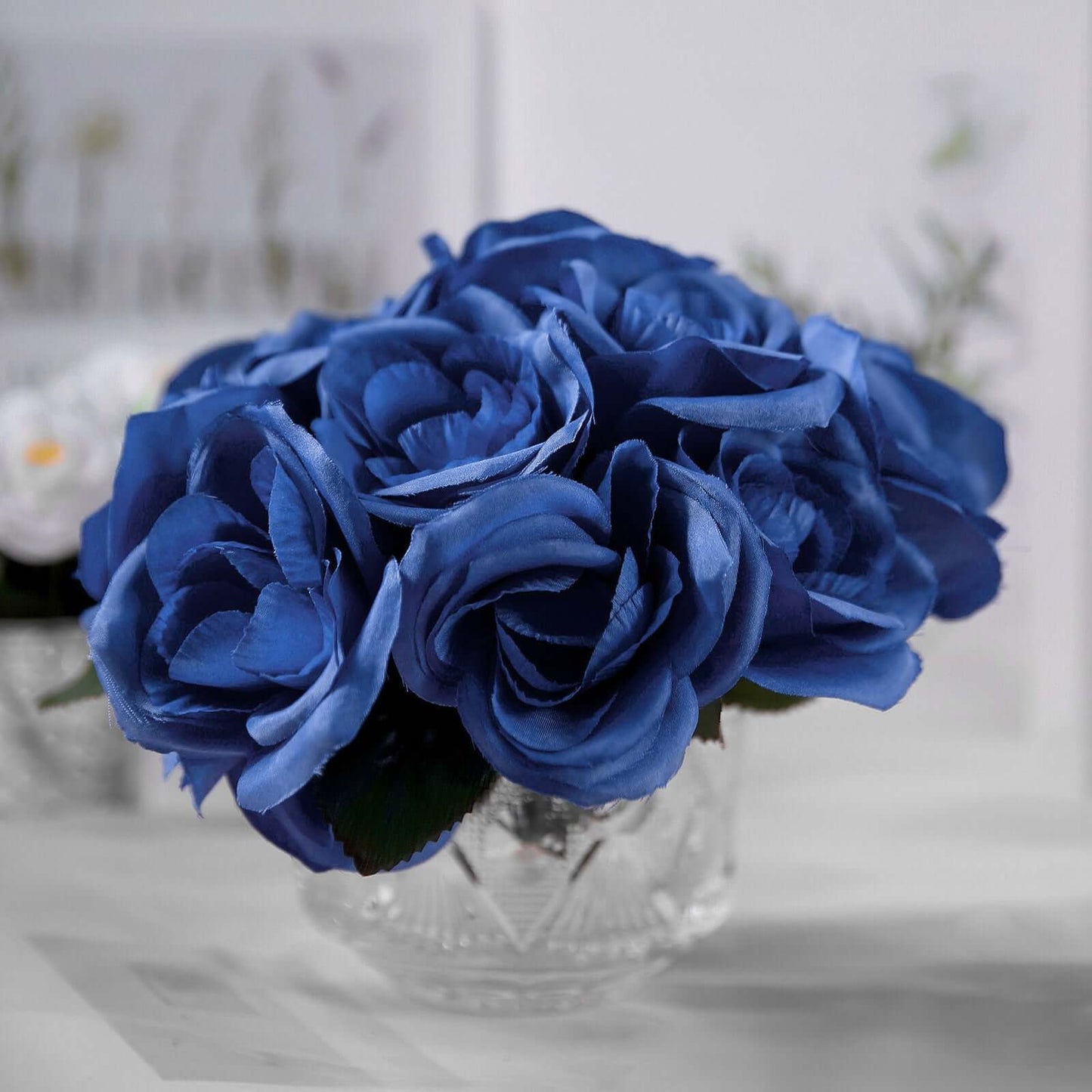12" Royal Blue Artificial Velvet - Like Fabric Rose Flower Bouquet Bush - Linen Luxes