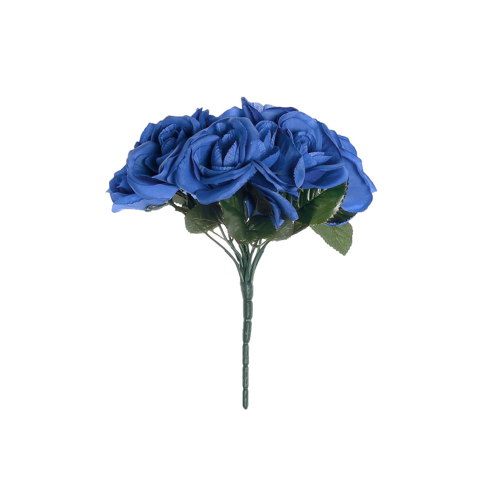 12" Royal Blue Artificial Velvet - Like Fabric Rose Flower Bouquet Bush - Linen Luxes