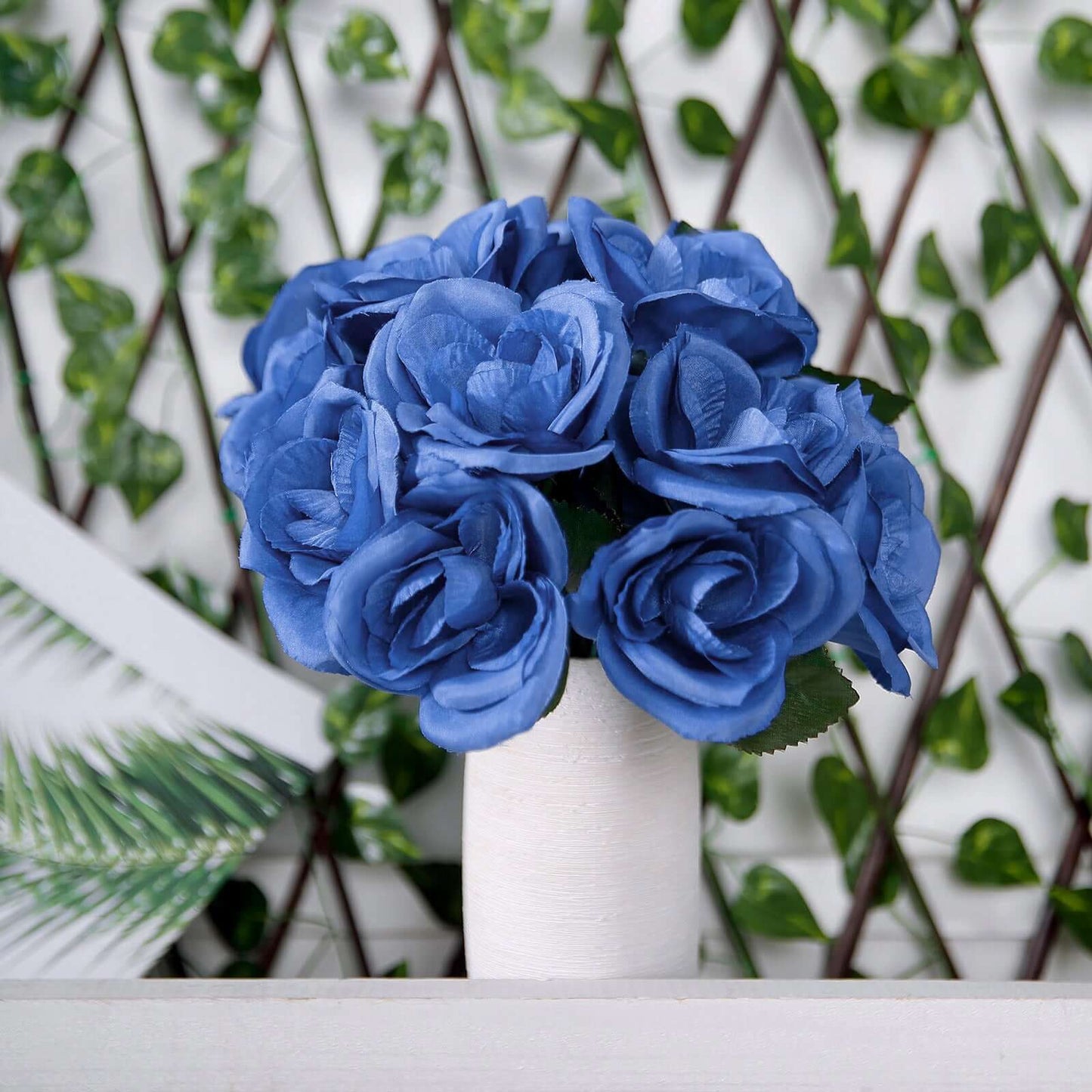 12" Royal Blue Artificial Velvet - Like Fabric Rose Flower Bouquet Bush - Linen Luxes