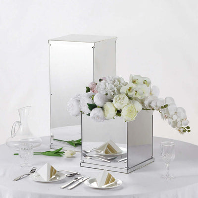 12" Silver Mirrored Acrylic Display Box, Pedestal Riser with Interchangeable Lid and Base - Linen Luxes