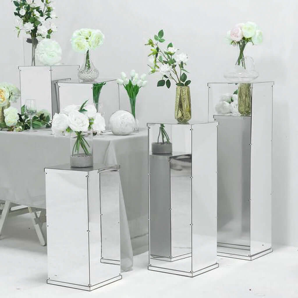 12" Silver Mirrored Acrylic Display Box, Pedestal Riser with Interchangeable Lid and Base - Linen Luxes