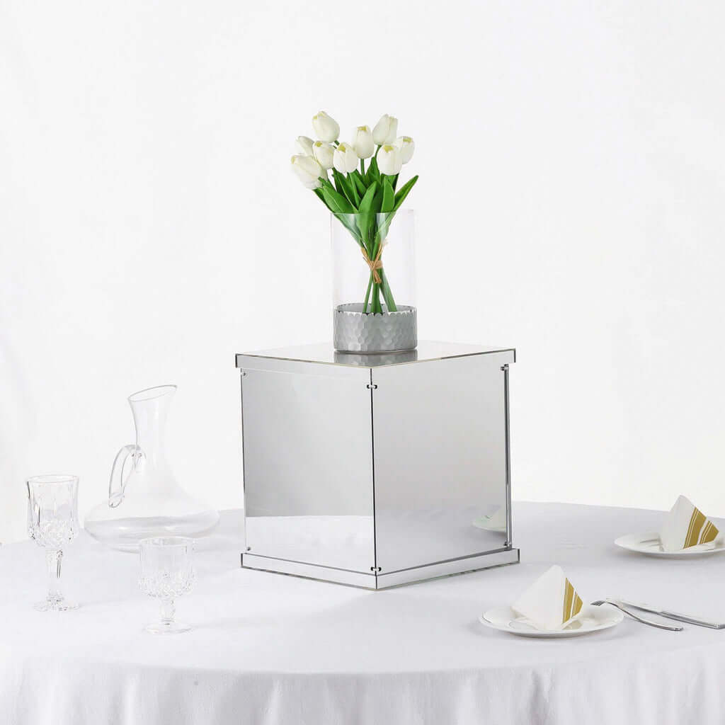 12" Silver Mirrored Acrylic Display Box, Pedestal Riser with Interchangeable Lid and Base - Linen Luxes