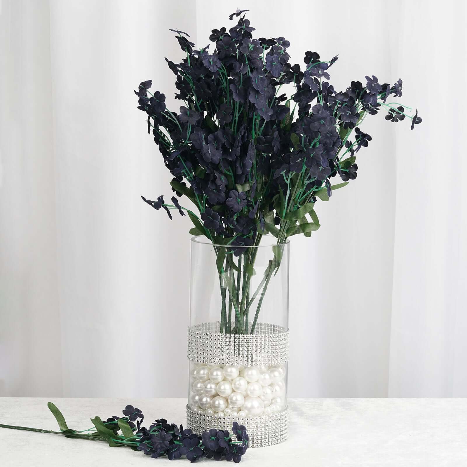 12 Stems Navy Blue Artificial Silk Babys Breath Flower Bushes Spray - Linen Luxes