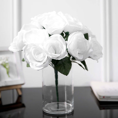 12" White Artificial Velvet - Like Fabric Rose Flower Bouquet Bush - Linen Luxes