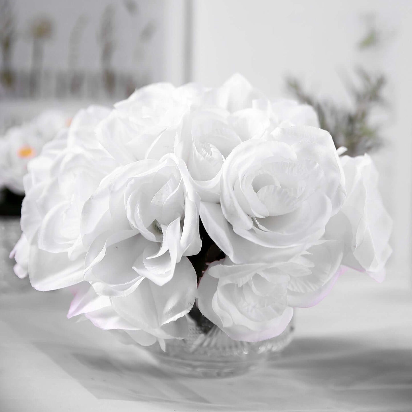 12" White Artificial Velvet - Like Fabric Rose Flower Bouquet Bush - Linen Luxes