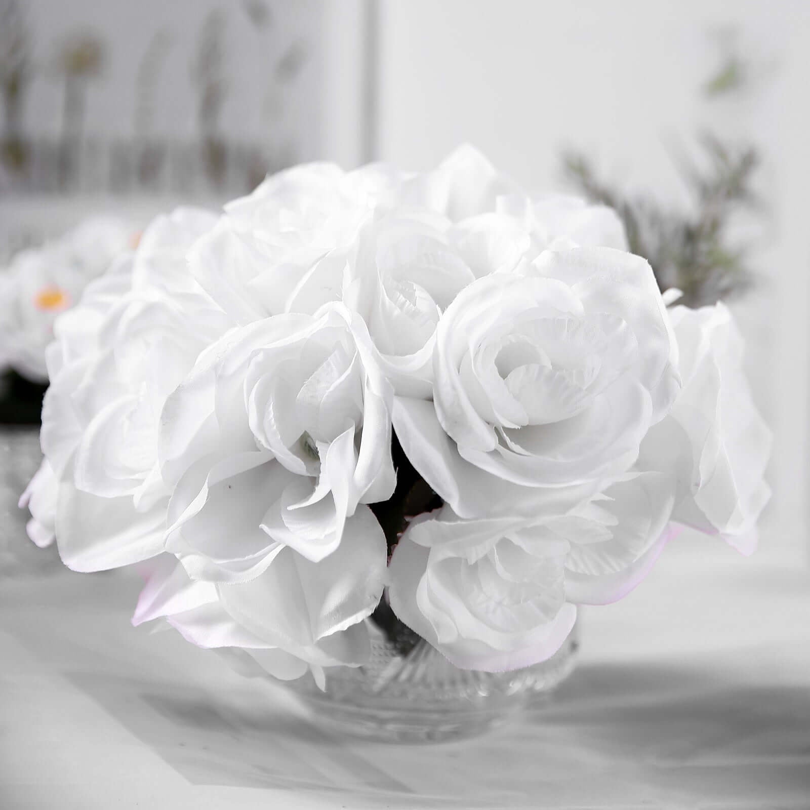 12" White Artificial Velvet - Like Fabric Rose Flower Bouquet Bush - Linen Luxes