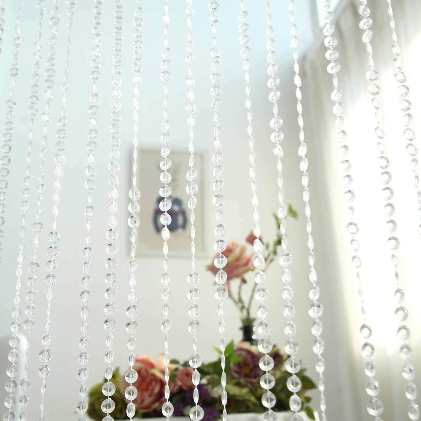 12ft Crystal Diamond Beaded Curtain with Plastic Rod and Adjustable Hooks - Linen Luxes