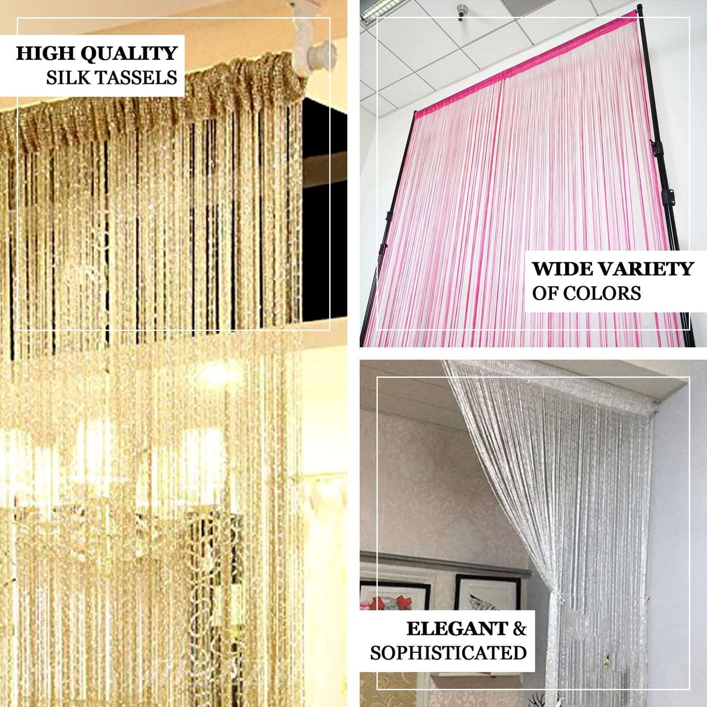 12ft Long White Silk String Tassels Backdrop Party Curtains - Linen Luxes