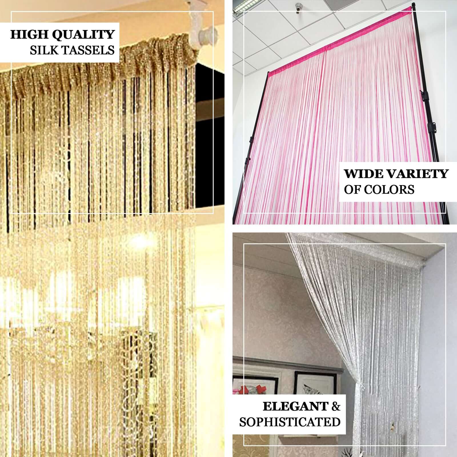12ft Long White Silk String Tassels Backdrop Party Curtains - Linen Luxes