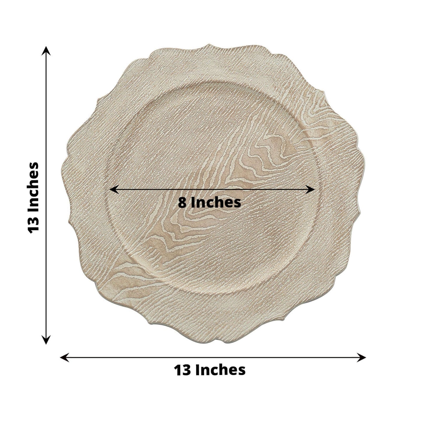 6-Pack Acrylic Round Charger Plates 13" in Rustic White with Wood Grain Scalloped Rim, Decorative Dinner Party Charger Tableware