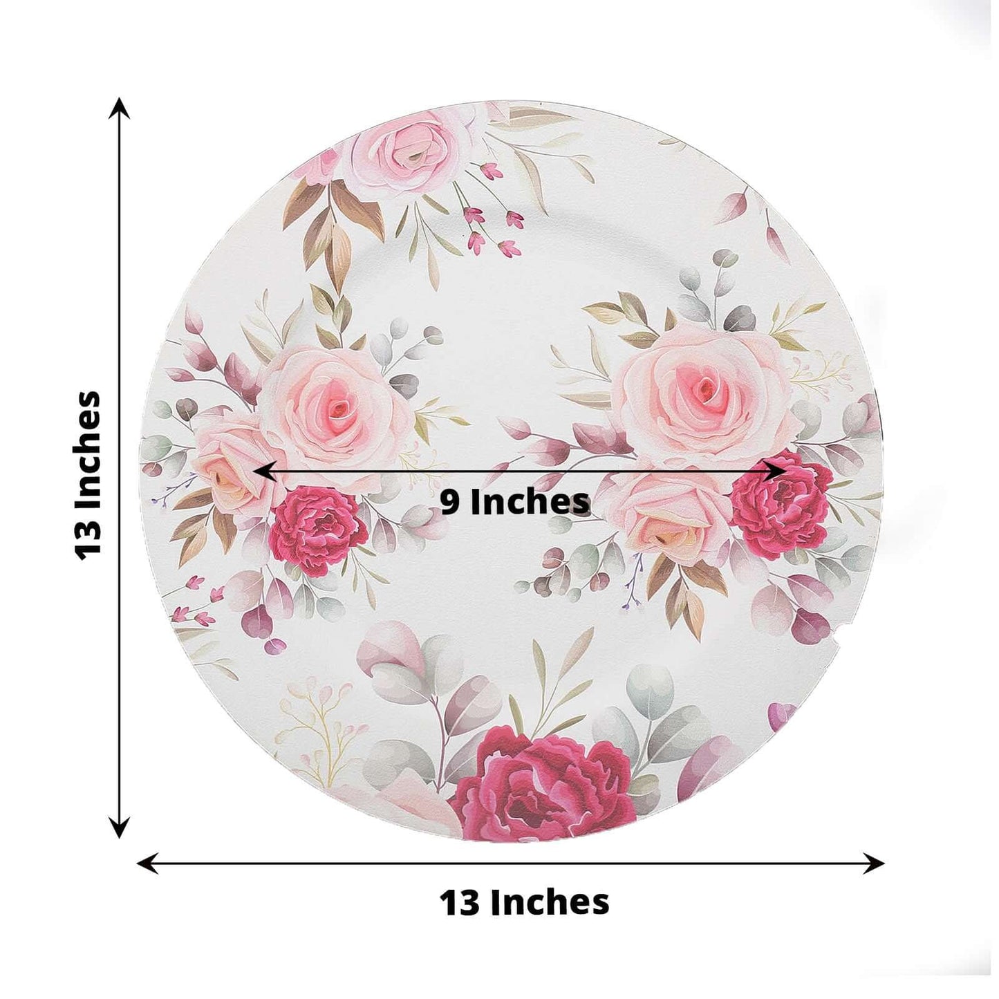 6-Pack Plastic Round Charger Plates 13" in White with Assorted Rose Floral Print, Decorative Dinner Party Charger Tableware