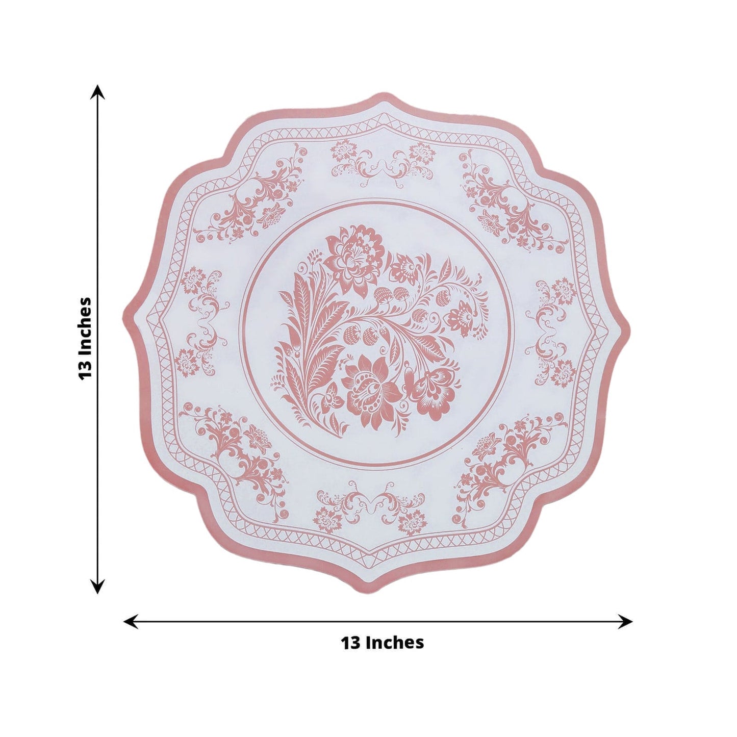 10-Pack Disposable Table Placemats 13" Round Placemats in White with Pink Damask Floral Pattern & Scalloped Rim - 400GSM Cardboard Placemats for Stylish Table Setting