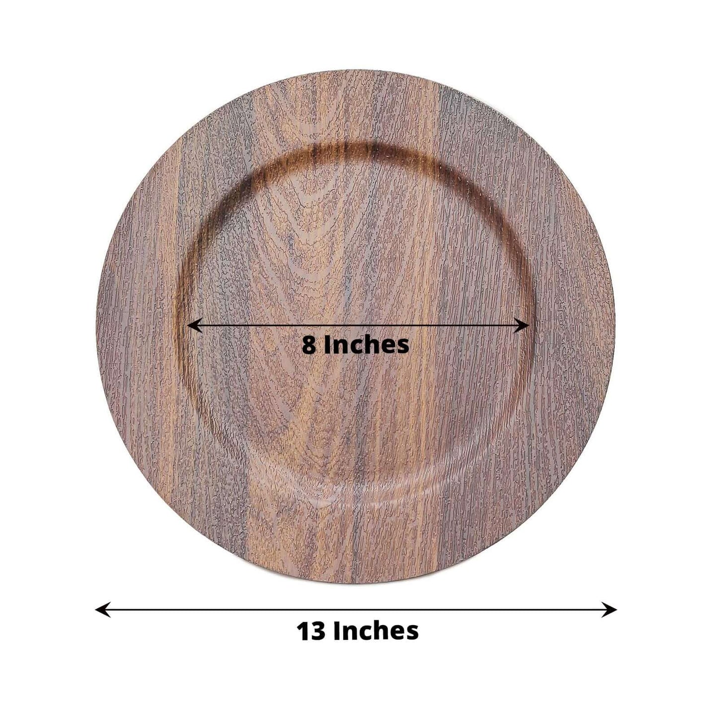 6-Pack Plastic Round Charger Plates 13" in Dark Brown with Faux Wood Finish, Rustic Boho Chic Dinner Party Charger Tableware
