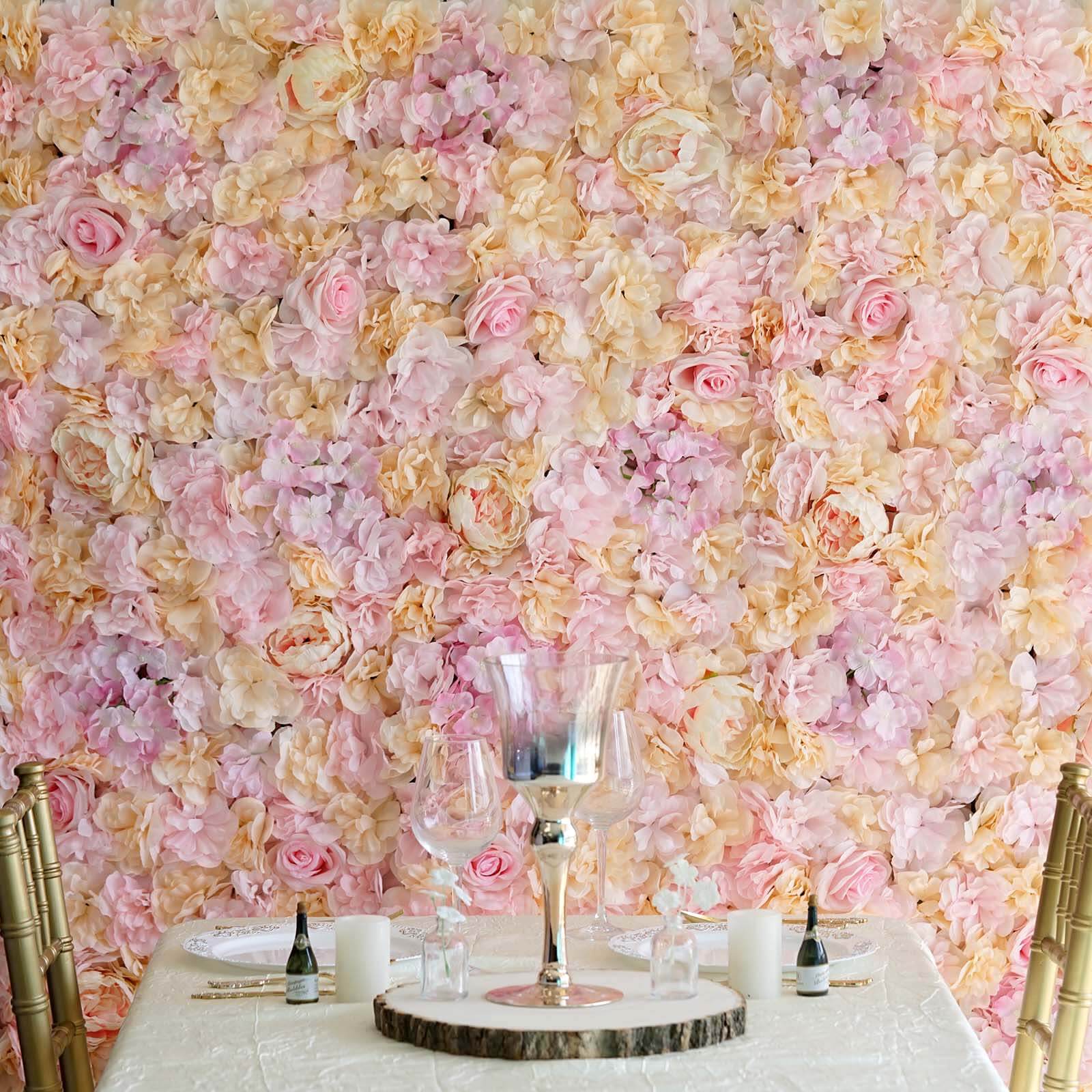 13 Sq ft. Pink Champagne UV Protected Assorted Flower Wall Mat Backdrop - 4 Artificial Panels - Linen Luxes