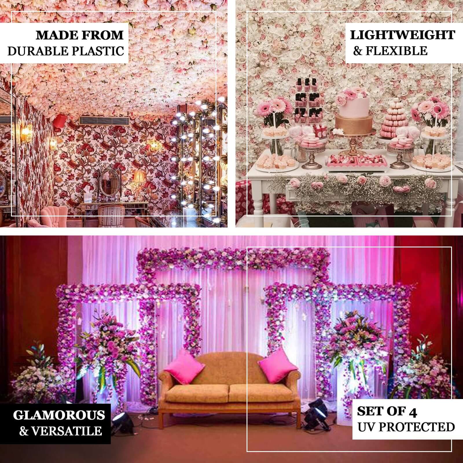 13 Sq ft. White Champagne UV Protected Assorted Flower Wall Mat Backdrop - 4 Artificial Panels - Linen Luxes
