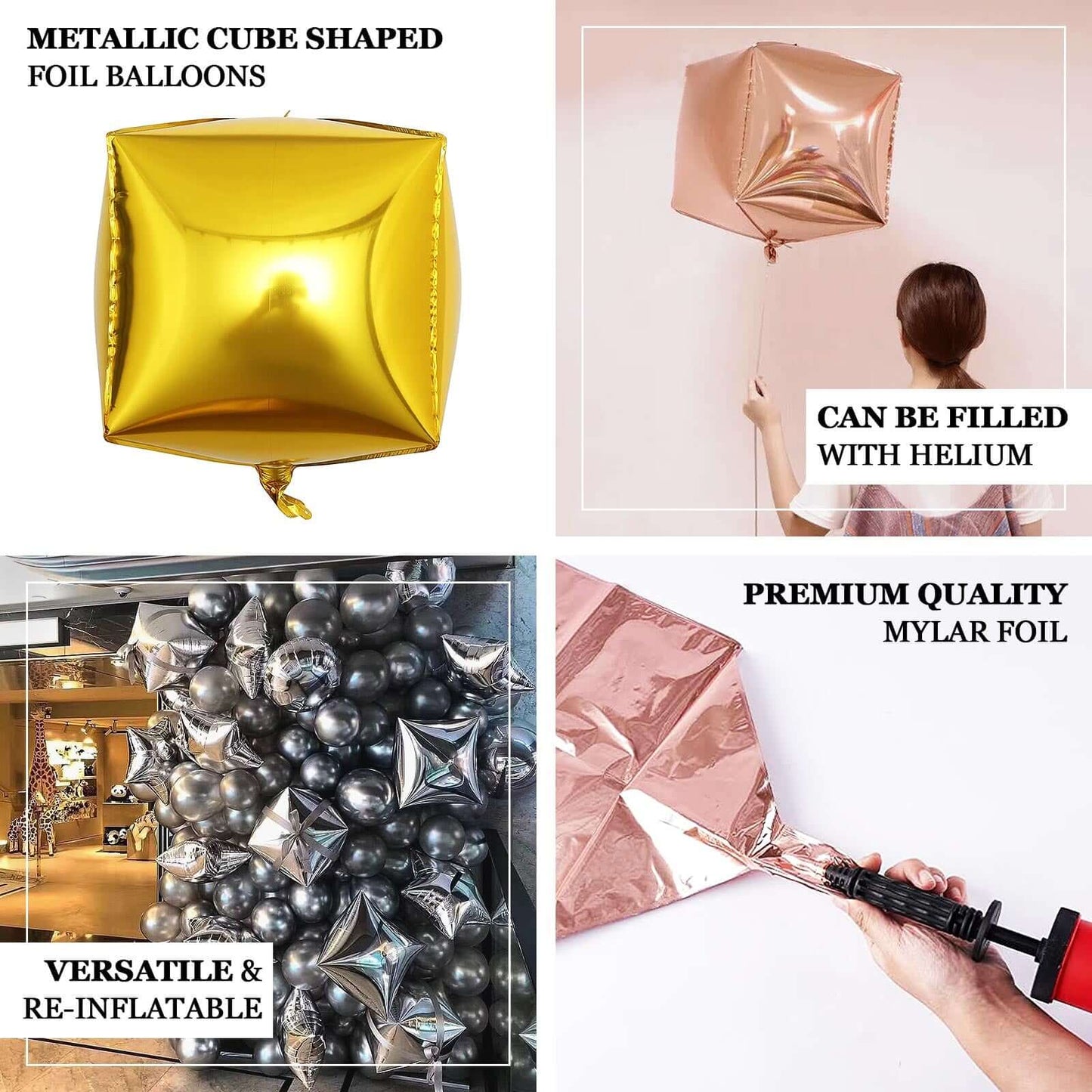 14" 4D Rose Gold Cube Shaped Mylar Foil Helium Air Balloons - Linen Luxes