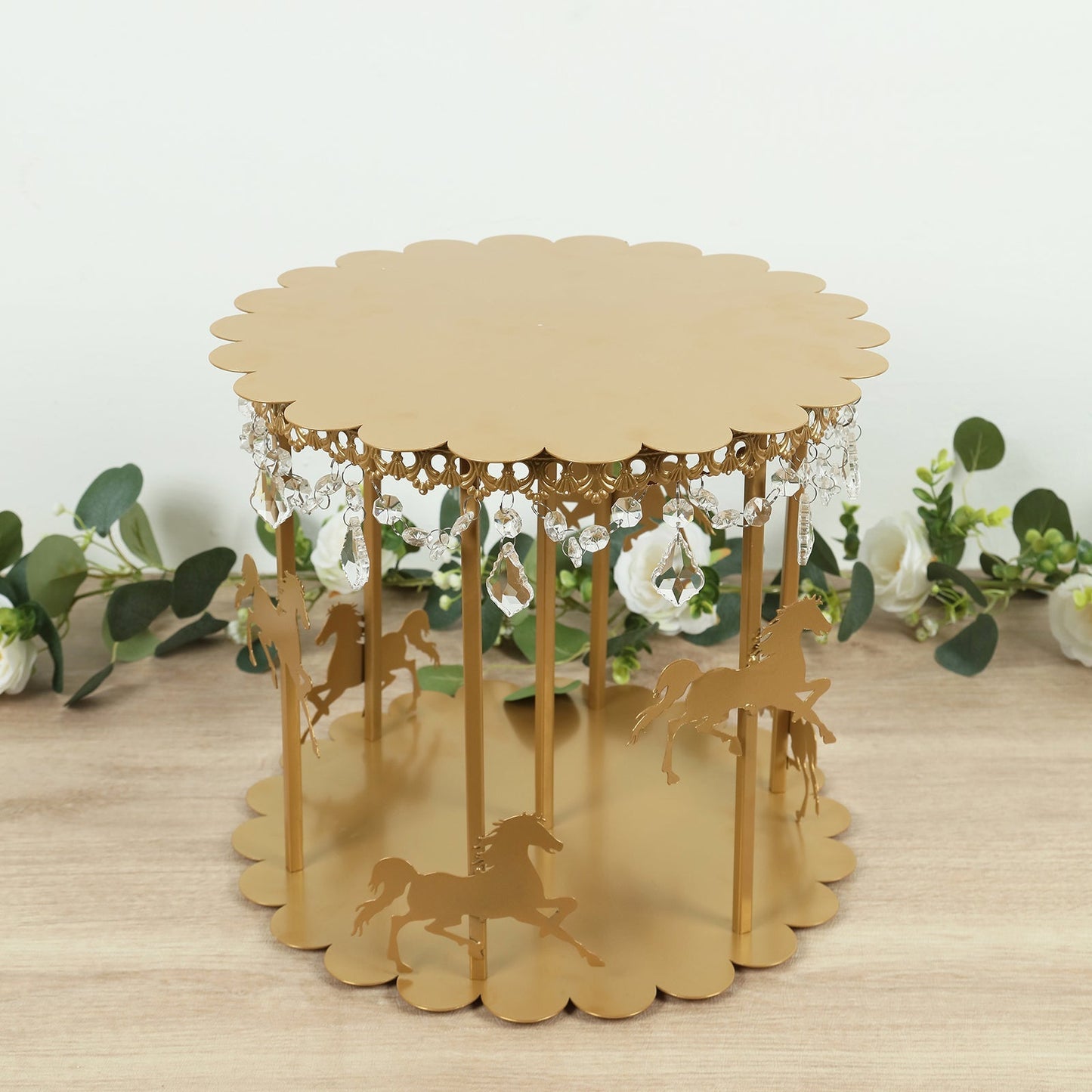 Metal Round Pedestal Cake Stand Gold Carousel Design with Hanging Acrylic Beads for Cupcakes & Pastries 14"