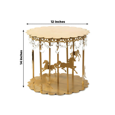 Metal Round Pedestal Cake Stand Gold Carousel Design with Hanging Acrylic Beads for Cupcakes & Pastries 14"